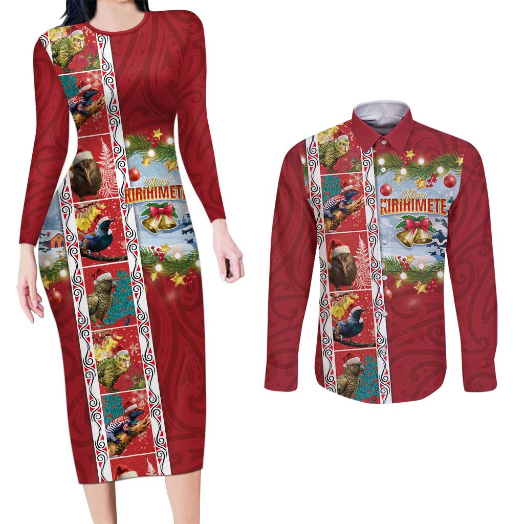 New Zealand Merry Christmas Couples Matching Long Sleeve Bodycon Dress and Long Sleeve Button Shirt Maori Animals, Koru Tattoo - Red Xmas Style