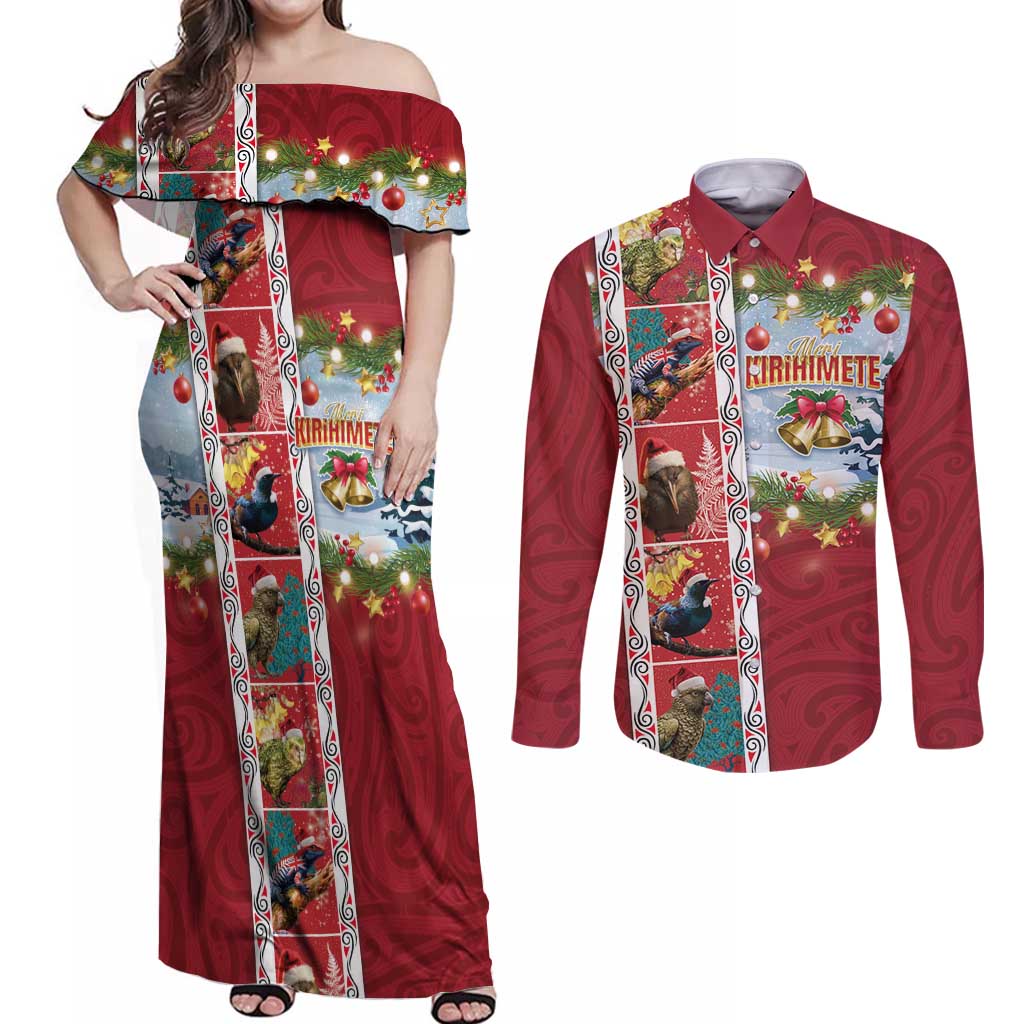 New Zealand Merry Christmas Couples Matching Off Shoulder Maxi Dress and Long Sleeve Button Shirt Maori Animals, Koru Tattoo - Red Xmas Style LT03 Red - Polynesian Pride