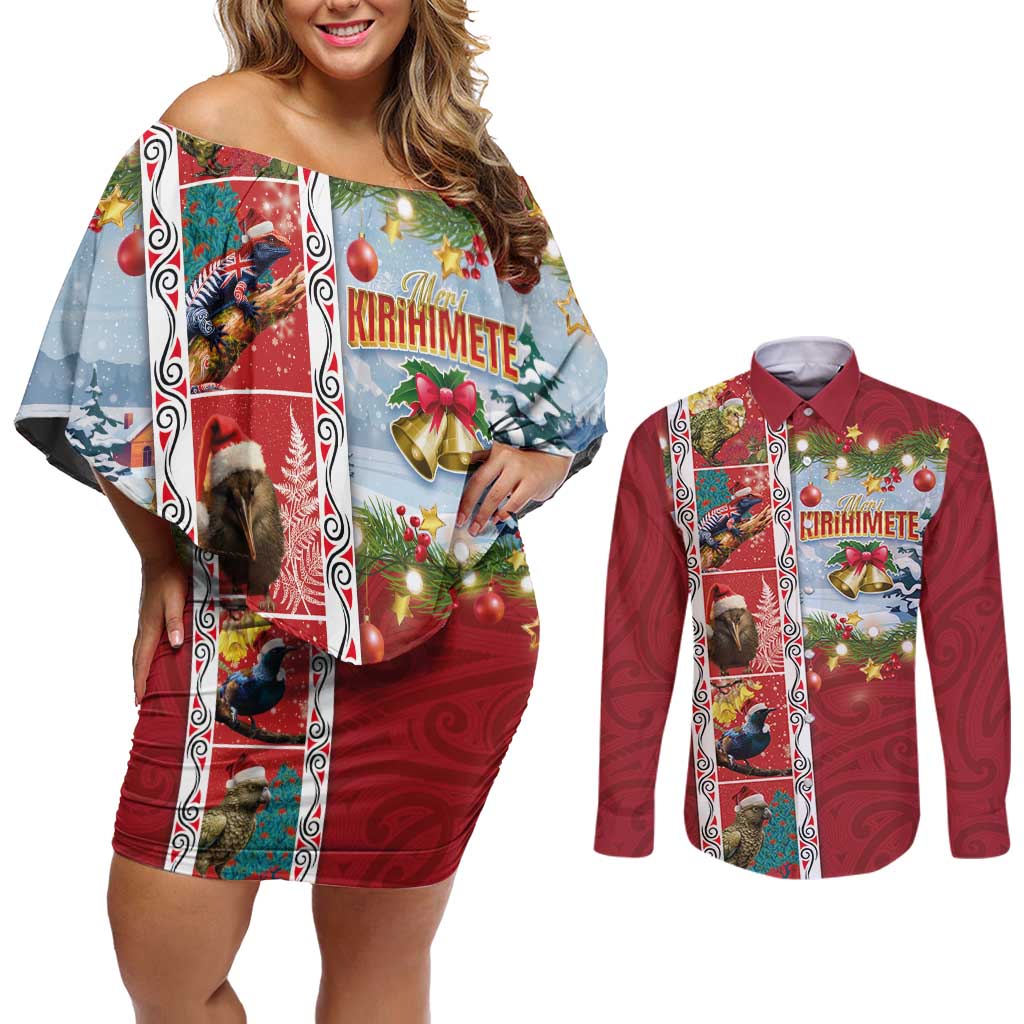 New Zealand Merry Christmas Couples Matching Off Shoulder Short Dress and Long Sleeve Button Shirt Maori Animals, Koru Tattoo - Red Xmas Style LT03 Red - Polynesian Pride