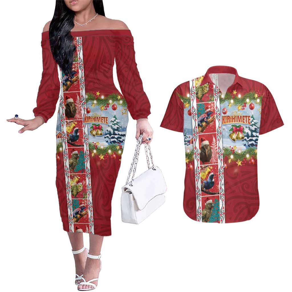 New Zealand Merry Christmas Couples Matching Off The Shoulder Long Sleeve Dress and Hawaiian Shirt Maori Animals, Koru Tattoo - Red Xmas Style