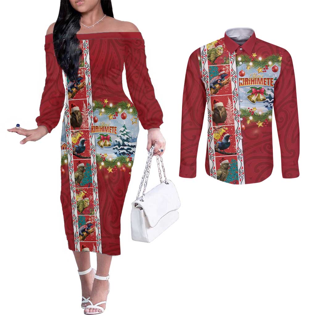 New Zealand Merry Christmas Couples Matching Off The Shoulder Long Sleeve Dress and Long Sleeve Button Shirt Maori Animals, Koru Tattoo - Red Xmas Style LT03 Red - Polynesian Pride