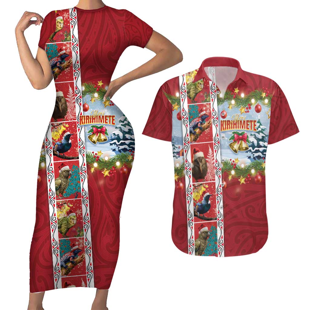 New Zealand Merry Christmas Couples Matching Short Sleeve Bodycon Dress and Hawaiian Shirt Maori Animals, Koru Tattoo - Red Xmas Style LT03 Red - Polynesian Pride