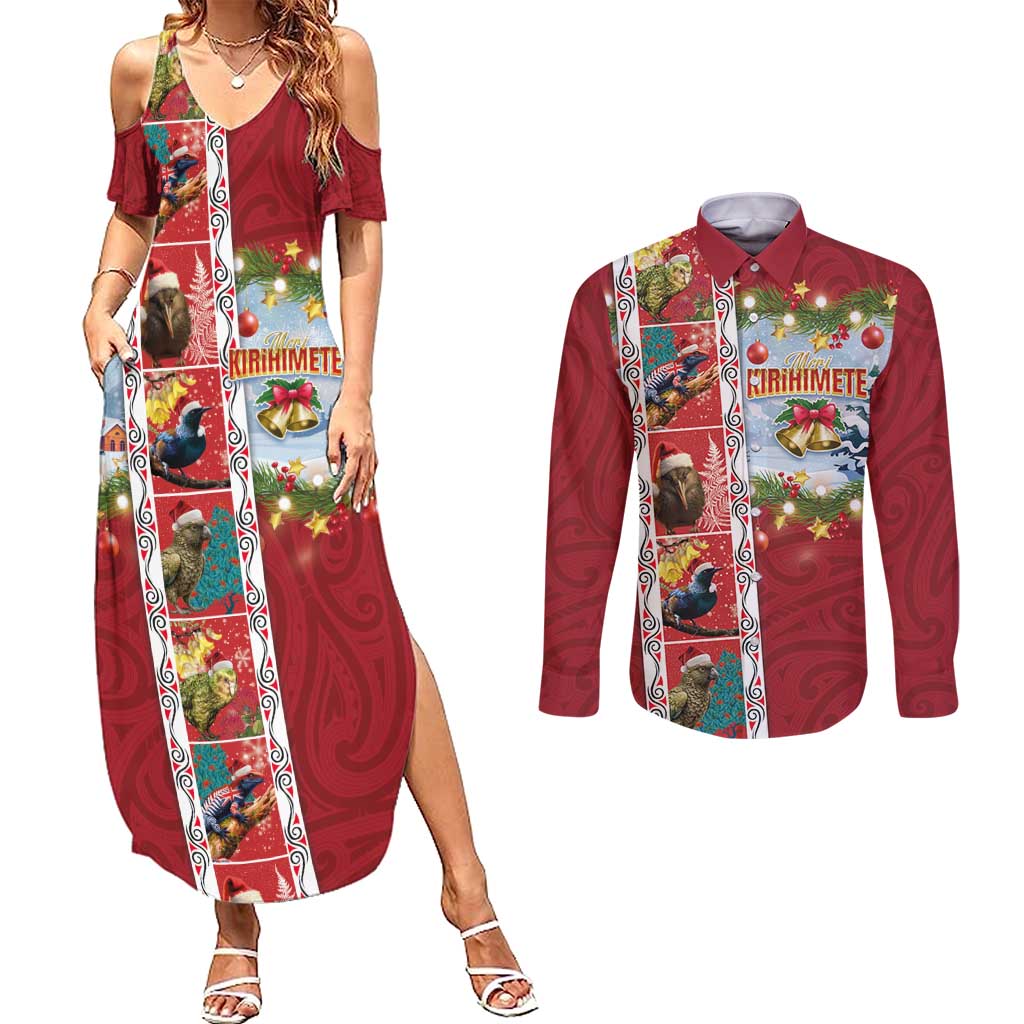 New Zealand Merry Christmas Couples Matching Summer Maxi Dress and Long Sleeve Button Shirt Maori Animals, Koru Tattoo - Red Xmas Style LT03 Red - Polynesian Pride