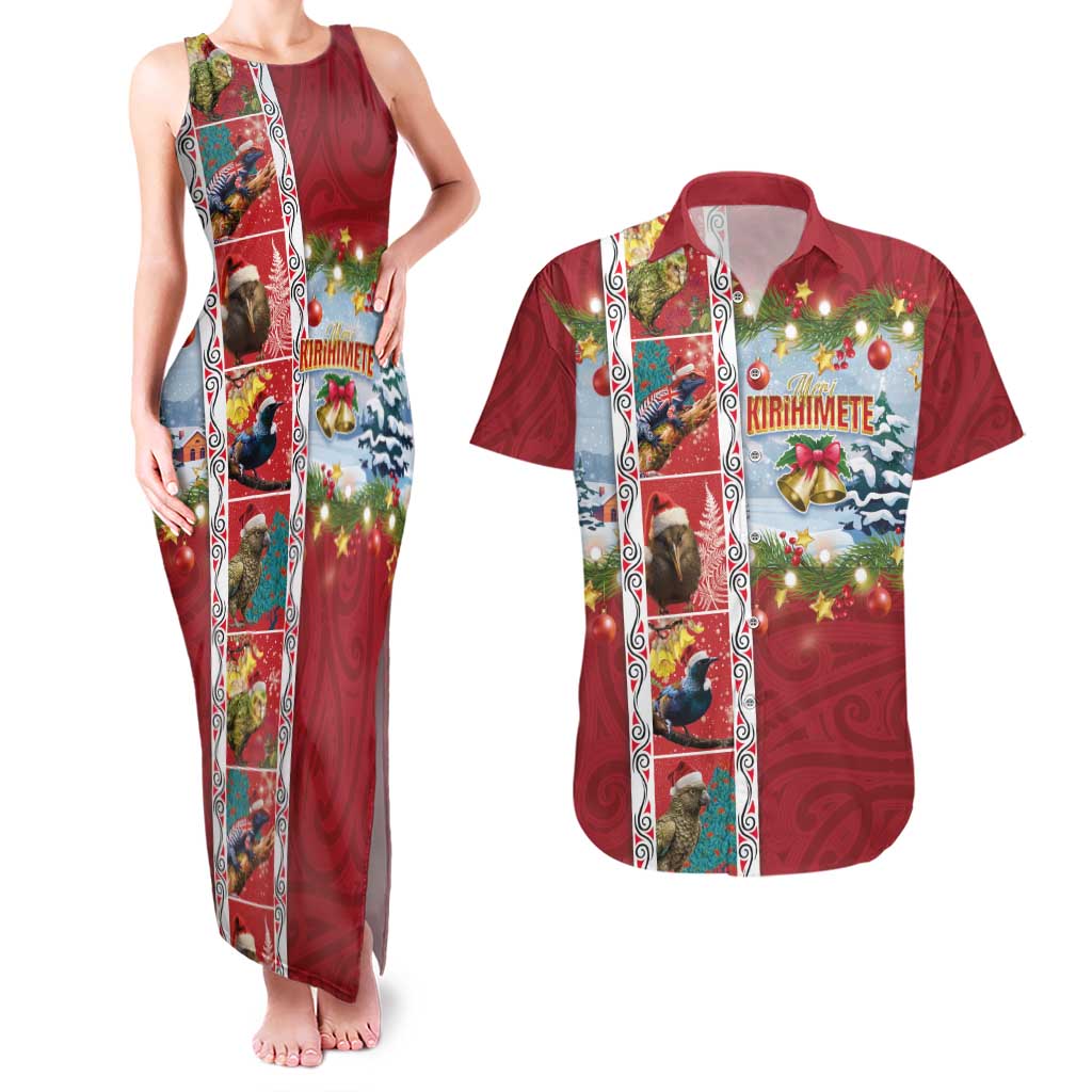 New Zealand Merry Christmas Couples Matching Tank Maxi Dress and Hawaiian Shirt Maori Animals, Koru Tattoo - Red Xmas Style