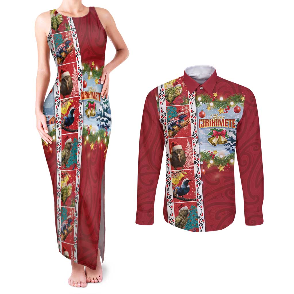 New Zealand Merry Christmas Couples Matching Tank Maxi Dress and Long Sleeve Button Shirt Maori Animals, Koru Tattoo - Red Xmas Style LT03 Red - Polynesian Pride