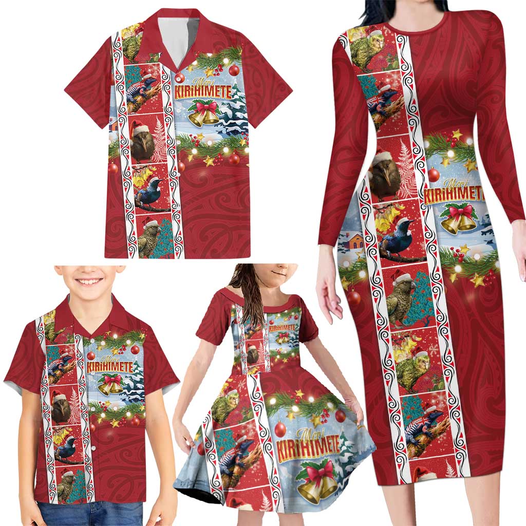 New Zealand Merry Christmas Family Matching Long Sleeve Bodycon Dress and Hawaiian Shirt Maori Animals, Koru Tattoo - Red Xmas Style