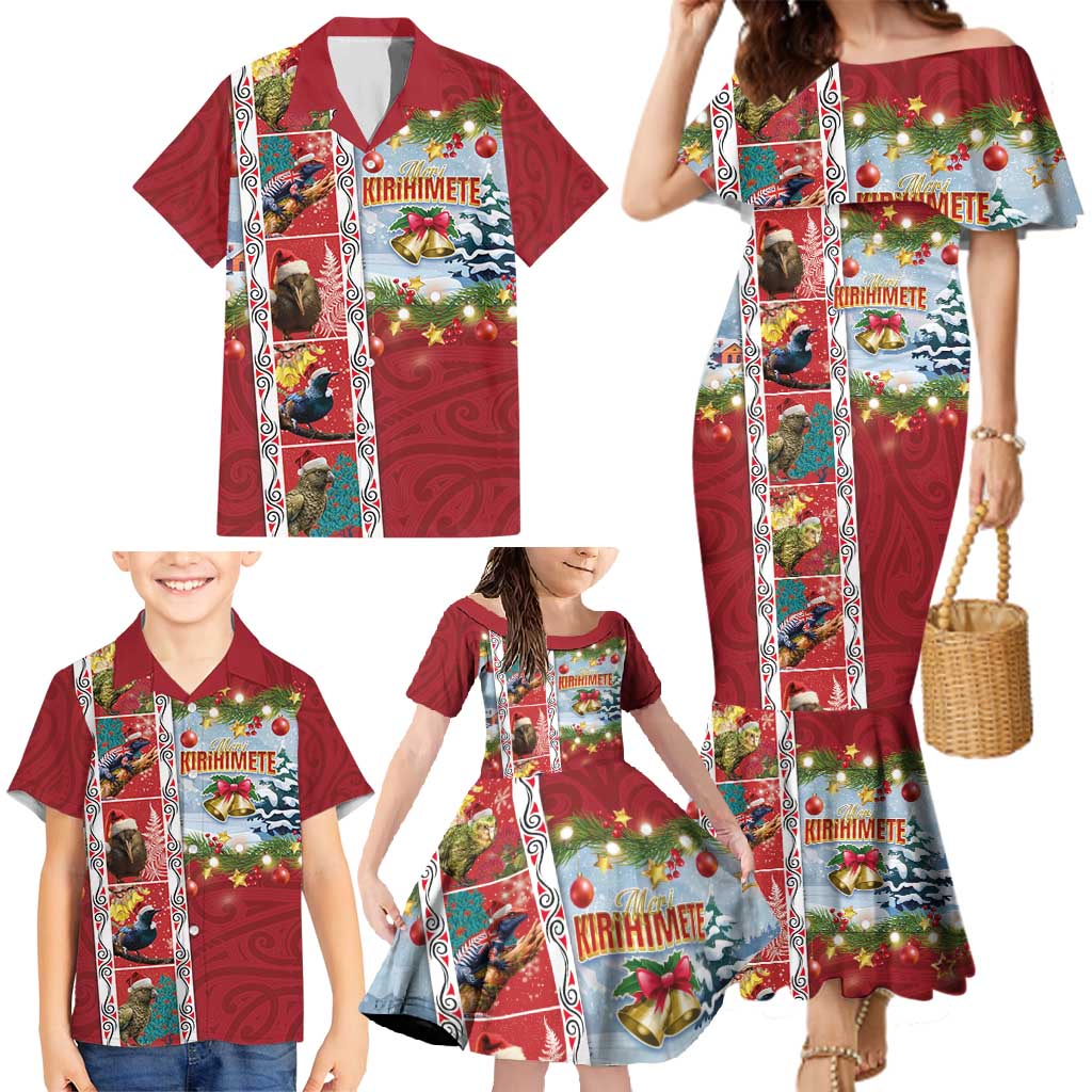 New Zealand Merry Christmas Family Matching Mermaid Dress and Hawaiian Shirt Maori Animals, Koru Tattoo - Red Xmas Style