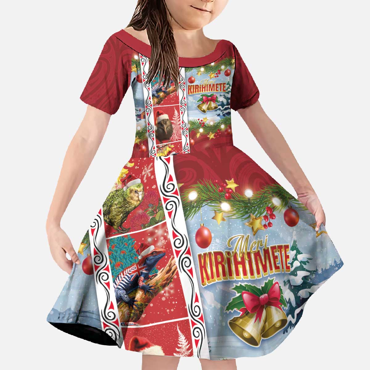New Zealand Merry Christmas Family Matching Off The Shoulder Long Sleeve Dress and Hawaiian Shirt Maori Animals, Koru Tattoo - Red Xmas Style LT03 Daughter's Dress Red - Polynesian Pride