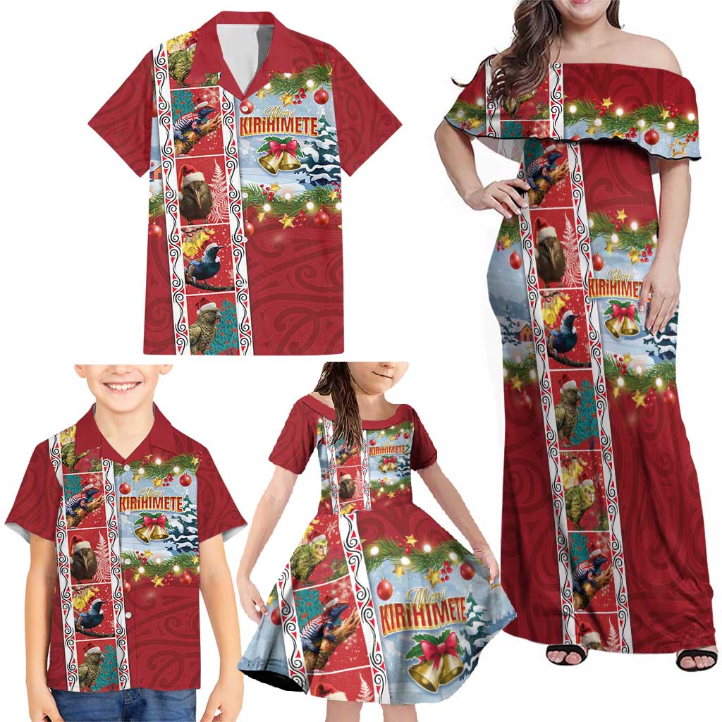 New Zealand Merry Christmas Family Matching Off Shoulder Maxi Dress and Hawaiian Shirt Maori Animals, Koru Tattoo - Red Xmas Style