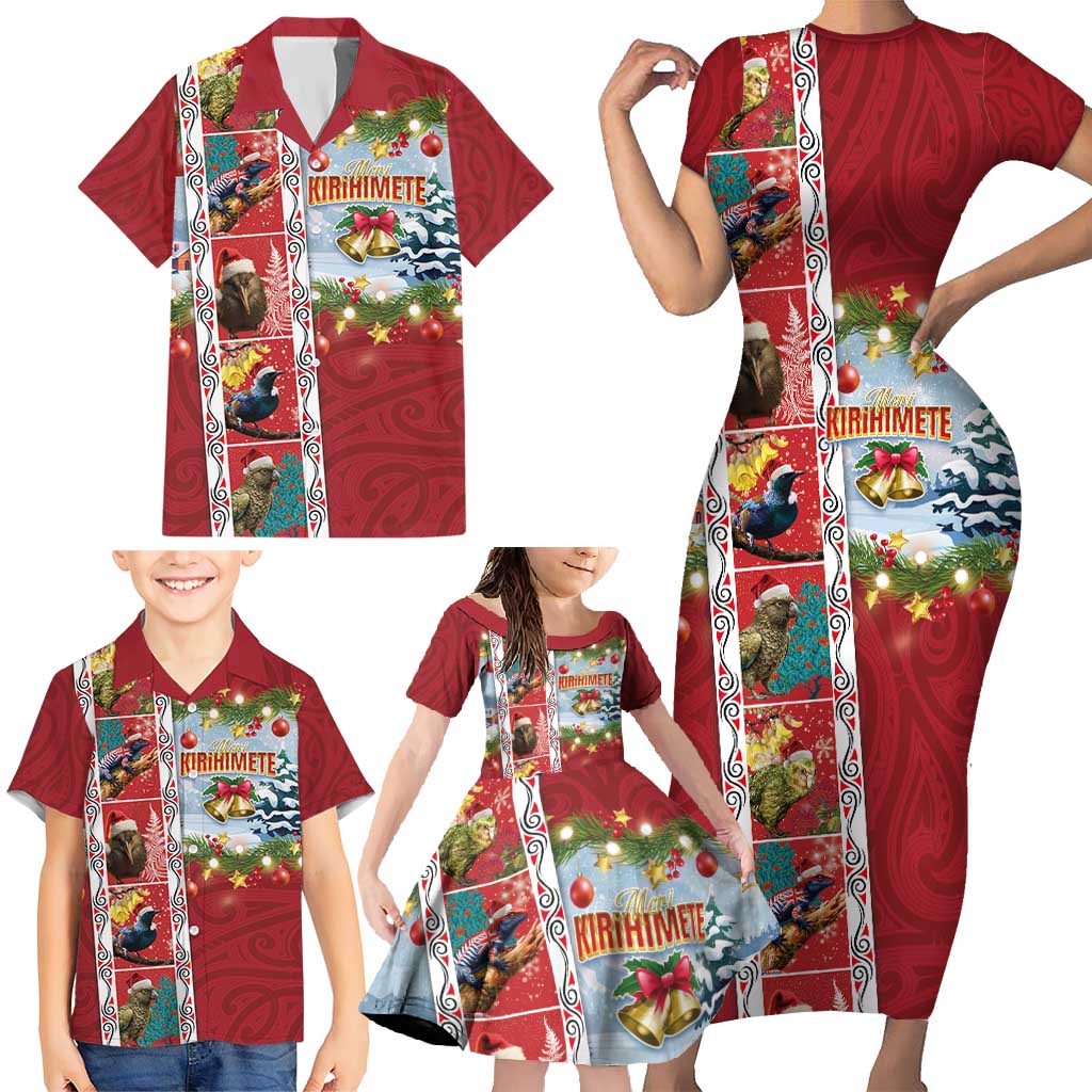 New Zealand Merry Christmas Family Matching Short Sleeve Bodycon Dress and Hawaiian Shirt Maori Animals, Koru Tattoo - Red Xmas Style