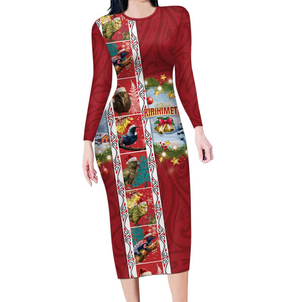 New Zealand Merry Christmas Long Sleeve Bodycon Dress Maori Animals, Koru Tattoo - Red Xmas Style