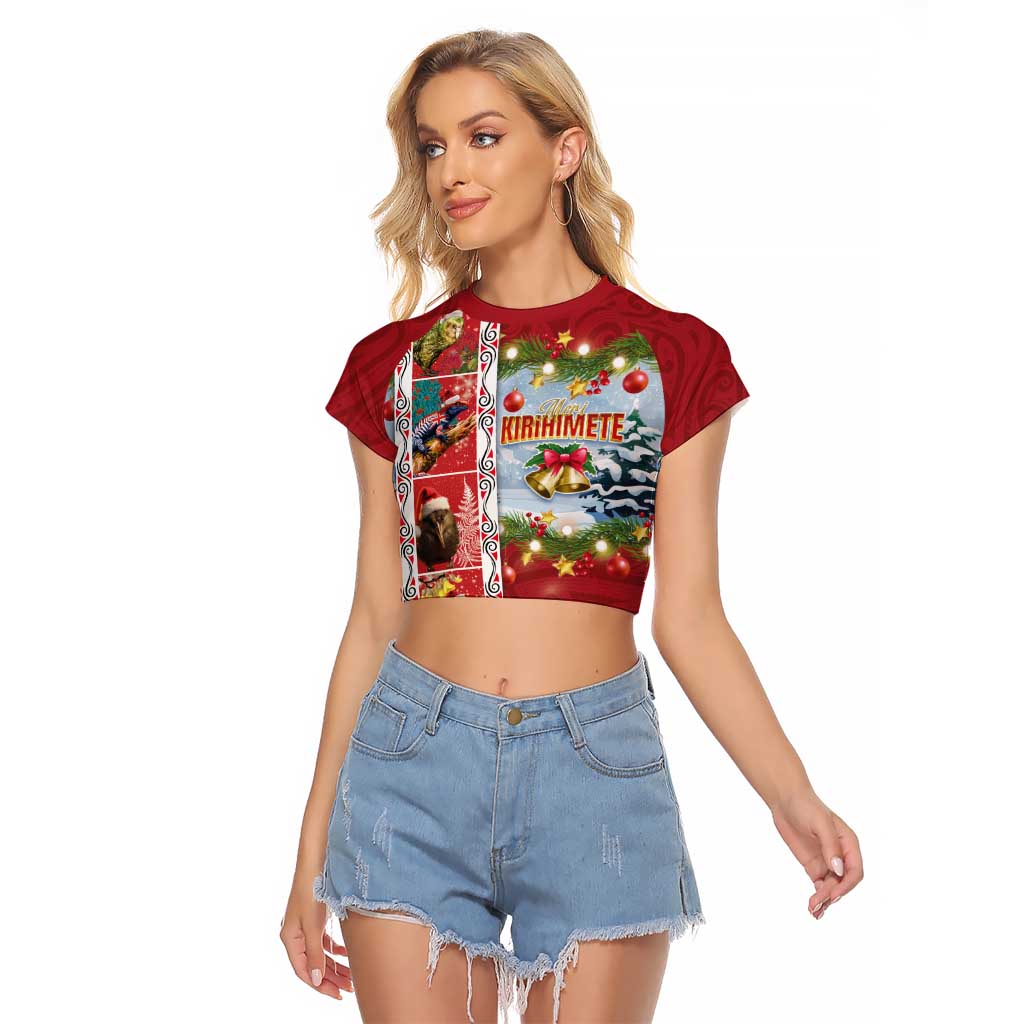 New Zealand Merry Christmas Raglan Cropped T Shirt Maori Animals, Koru Tattoo - Red Xmas Style LT03 Female Red - Polynesian Pride