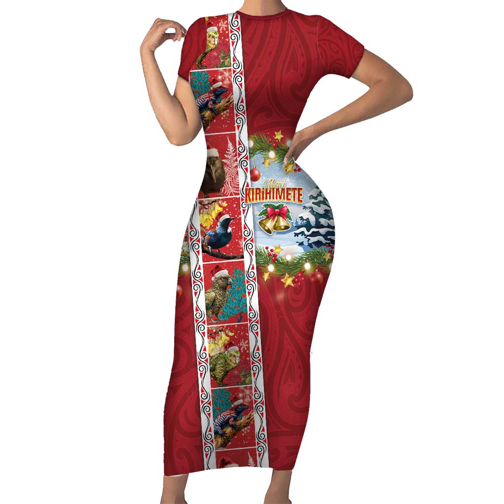 New Zealand Merry Christmas Short Sleeve Bodycon Dress Maori Animals, Koru Tattoo - Red Xmas Style