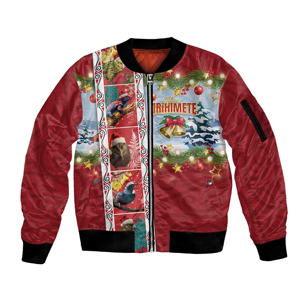 New Zealand Merry Christmas Sleeve Zip Bomber Jacket Maori Animals, Koru Tattoo - Red Xmas Style