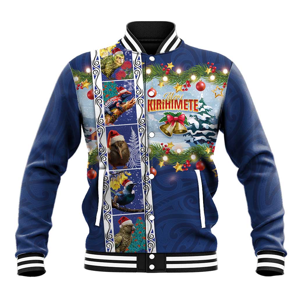 New Zealand Merry Christmas Baseball Jacket Maori Animals, Koru Tattoo - Blue Xmas Style LT03 Unisex Blue - Polynesian Pride