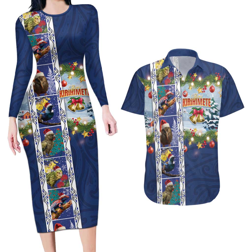 New Zealand Merry Christmas Couples Matching Long Sleeve Bodycon Dress and Hawaiian Shirt Maori Animals, Koru Tattoo - Blue Xmas Style