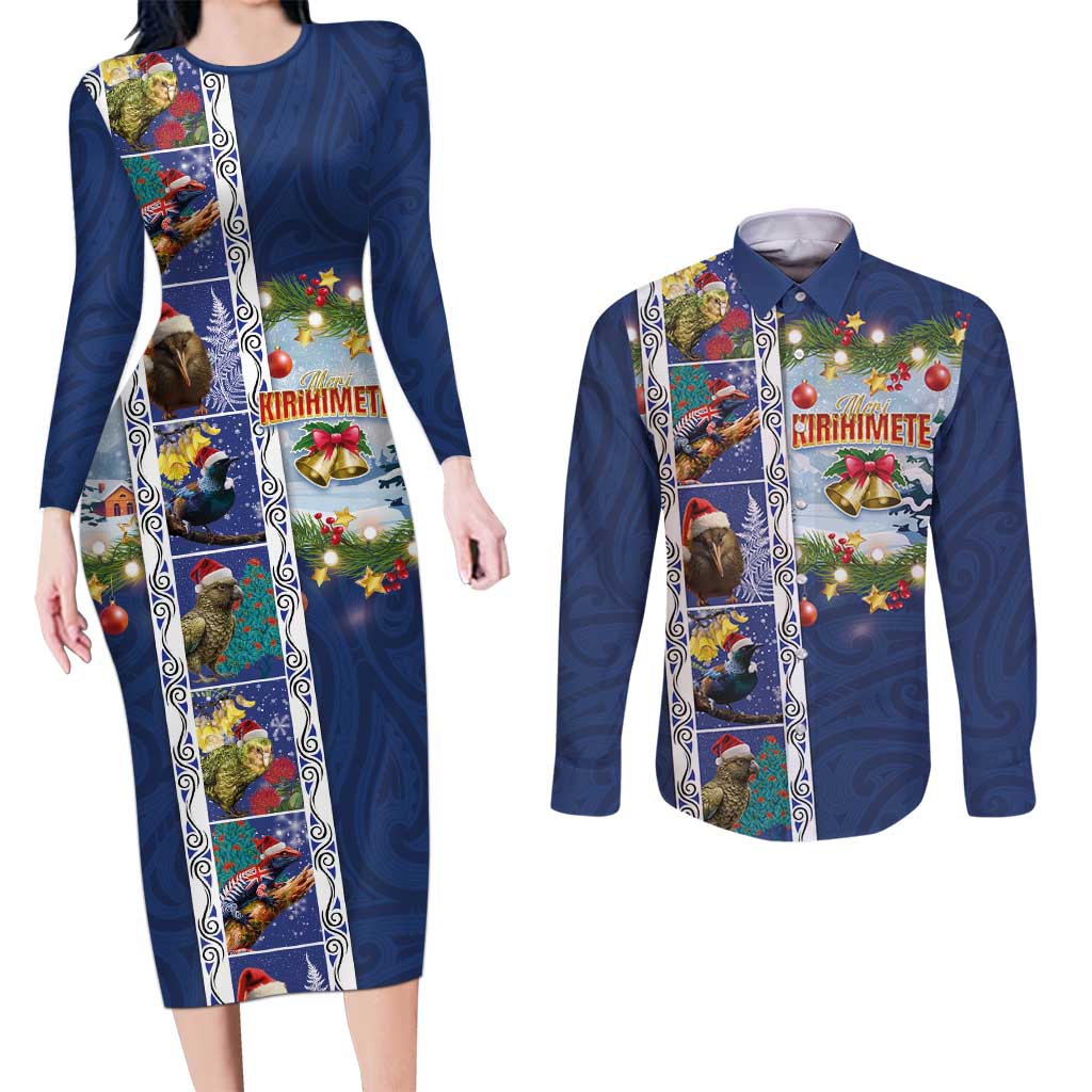 New Zealand Merry Christmas Couples Matching Long Sleeve Bodycon Dress and Long Sleeve Button Shirt Maori Animals, Koru Tattoo - Blue Xmas Style