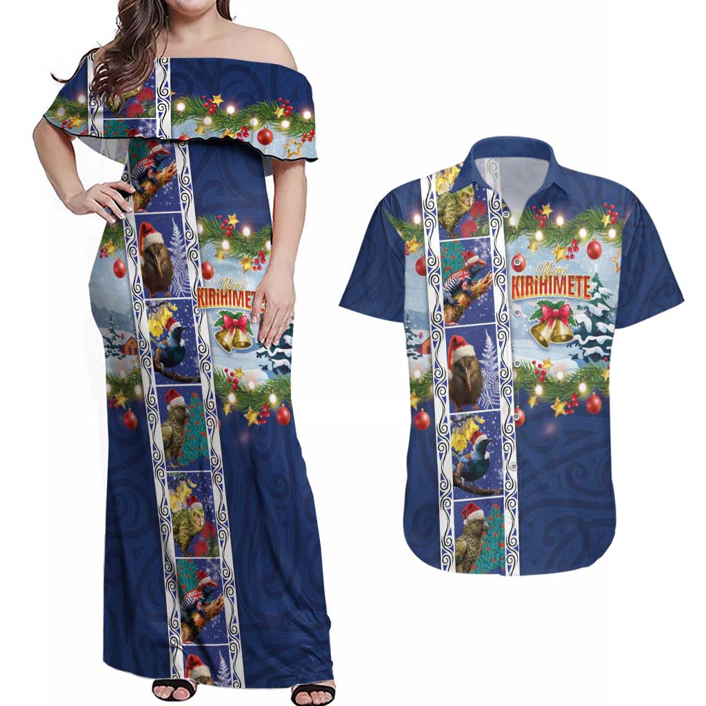 New Zealand Merry Christmas Couples Matching Off Shoulder Maxi Dress and Hawaiian Shirt Maori Animals, Koru Tattoo - Blue Xmas Style