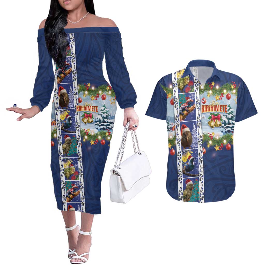 New Zealand Merry Christmas Couples Matching Off The Shoulder Long Sleeve Dress and Hawaiian Shirt Maori Animals, Koru Tattoo - Blue Xmas Style