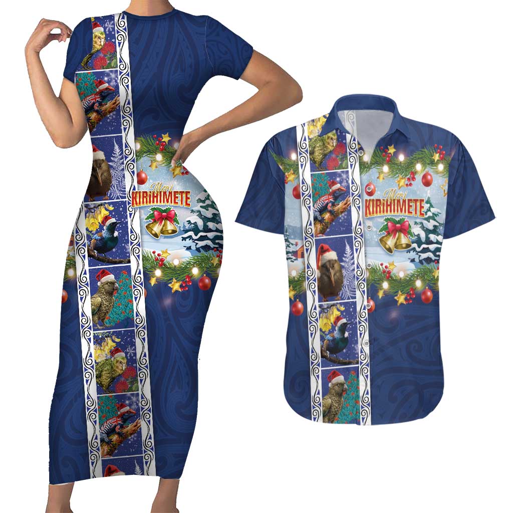 New Zealand Merry Christmas Couples Matching Short Sleeve Bodycon Dress and Hawaiian Shirt Maori Animals, Koru Tattoo - Blue Xmas Style LT03 Blue - Polynesian Pride