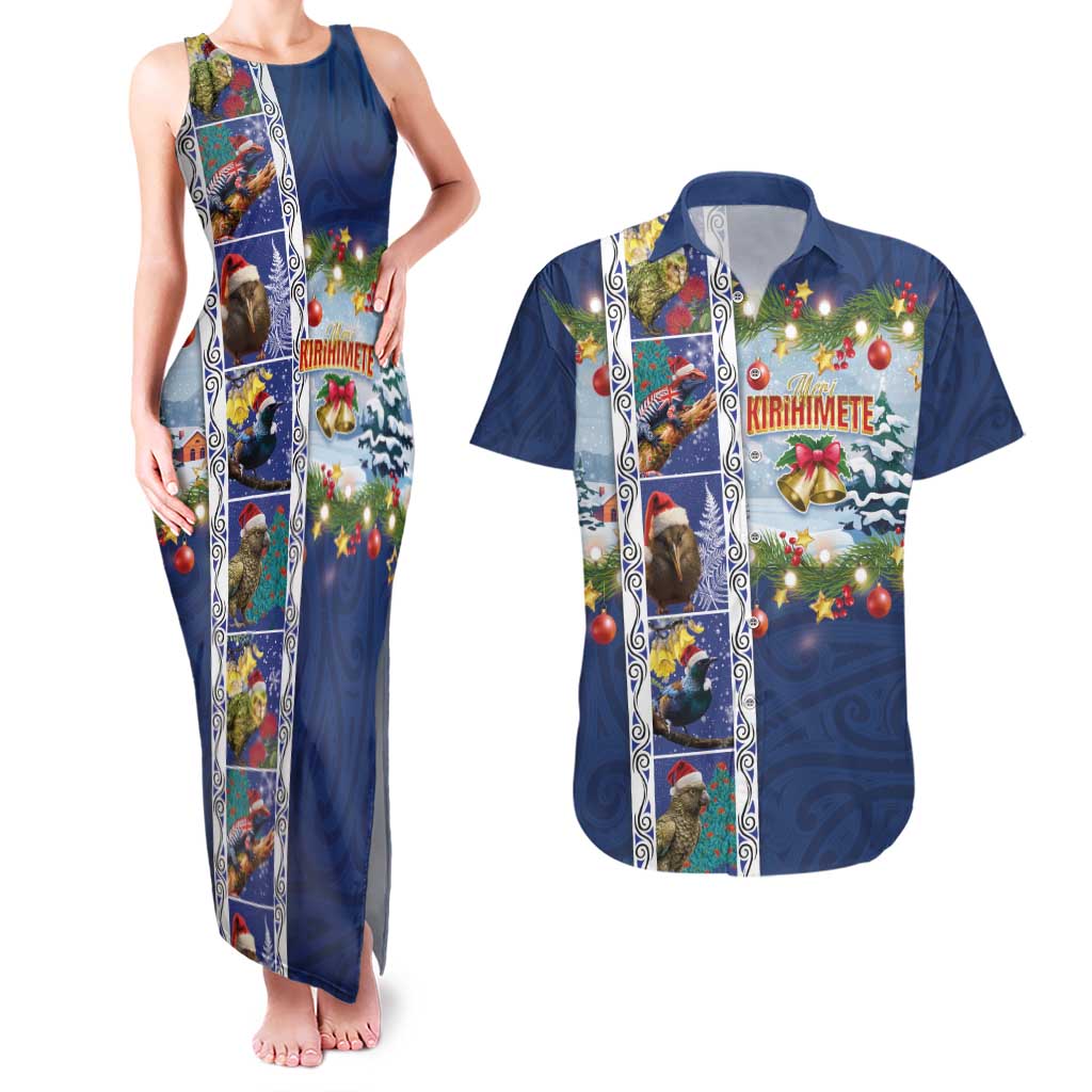 New Zealand Merry Christmas Couples Matching Tank Maxi Dress and Hawaiian Shirt Maori Animals, Koru Tattoo - Blue Xmas Style