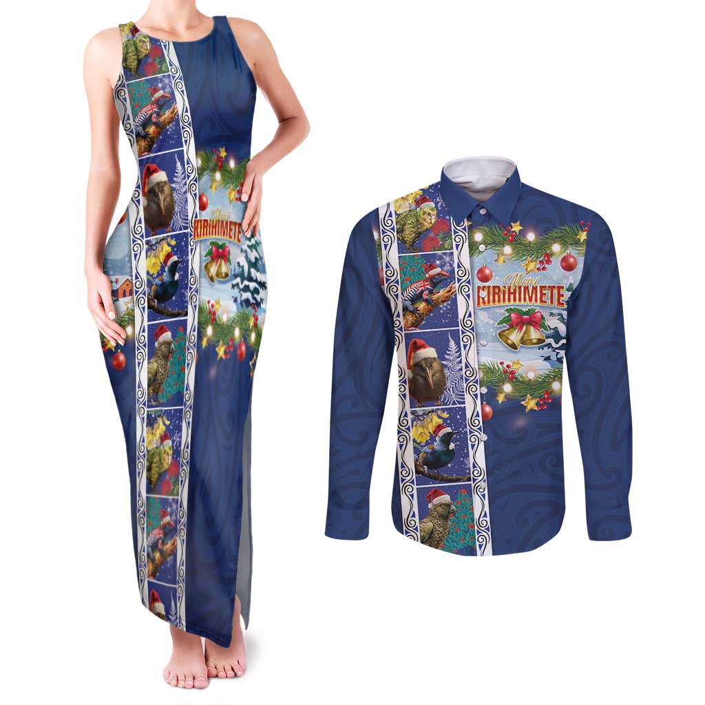 New Zealand Merry Christmas Couples Matching Tank Maxi Dress and Long Sleeve Button Shirt Maori Animals, Koru Tattoo - Blue Xmas Style LT03 Blue - Polynesian Pride