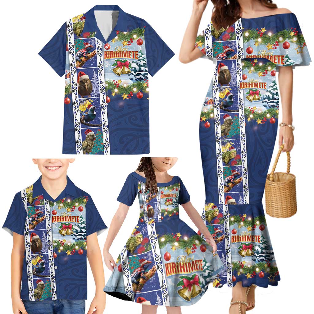 New Zealand Merry Christmas Family Matching Mermaid Dress and Hawaiian Shirt Maori Animals, Koru Tattoo - Blue Xmas Style LT03 - Polynesian Pride