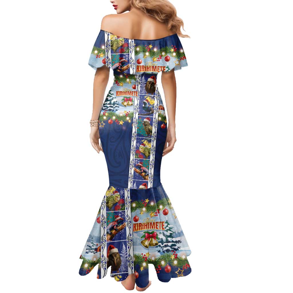 New Zealand Merry Christmas Family Matching Mermaid Dress and Hawaiian Shirt Maori Animals, Koru Tattoo - Blue Xmas Style
