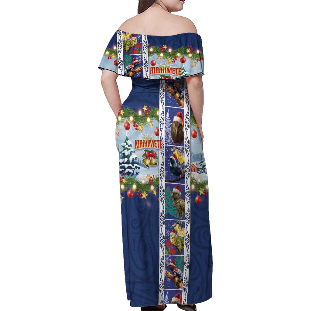 New Zealand Merry Christmas Family Matching Off Shoulder Maxi Dress and Hawaiian Shirt Maori Animals, Koru Tattoo - Blue Xmas Style
