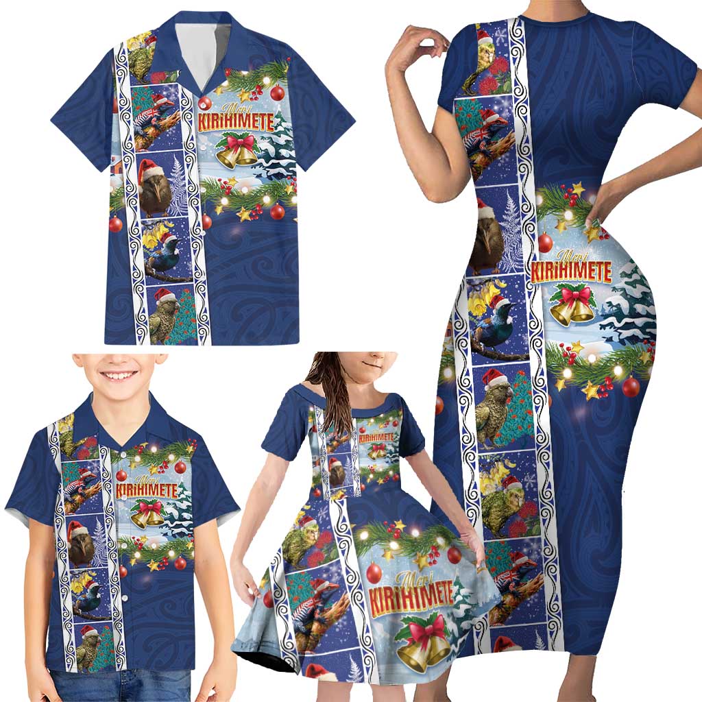 New Zealand Merry Christmas Family Matching Short Sleeve Bodycon Dress and Hawaiian Shirt Maori Animals, Koru Tattoo - Blue Xmas Style LT03 - Polynesian Pride