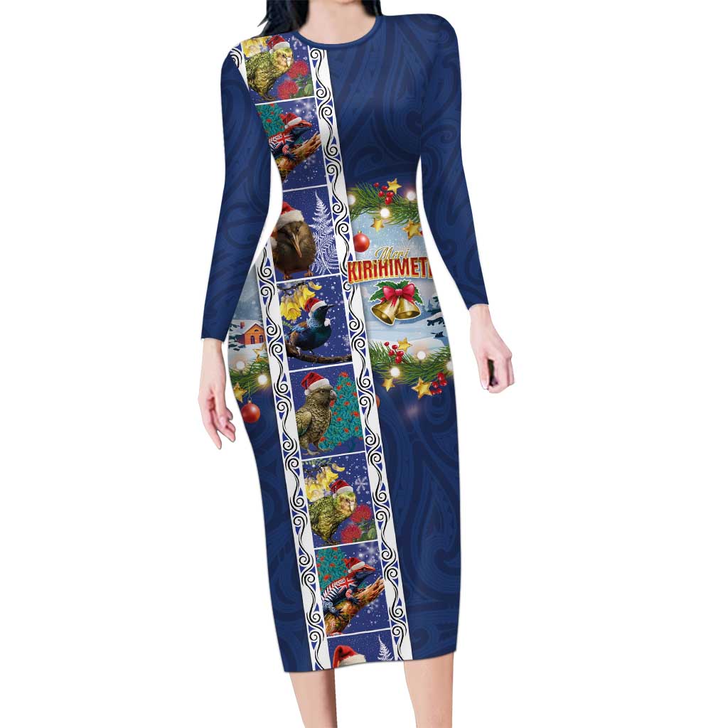 New Zealand Merry Christmas Long Sleeve Bodycon Dress Maori Animals, Koru Tattoo - Blue Xmas Style