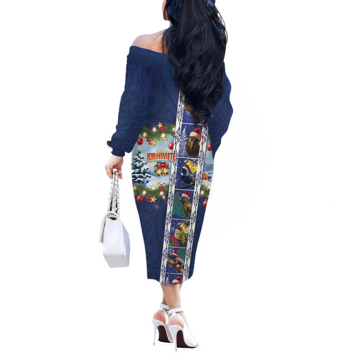 New Zealand Merry Christmas Off The Shoulder Long Sleeve Dress Maori Animals, Koru Tattoo - Blue Xmas Style