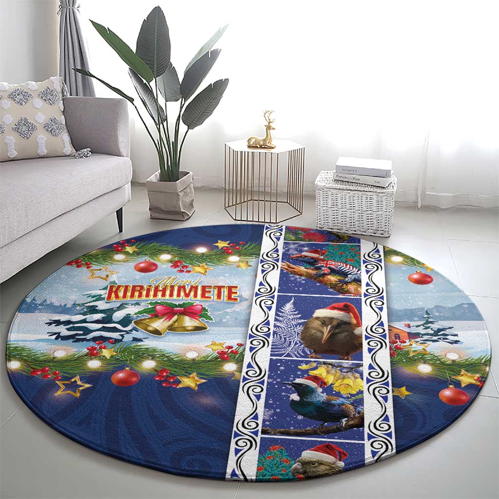 New Zealand Merry Christmas Round Carpet Maori Animals, Koru Tattoo - Blue Xmas Style