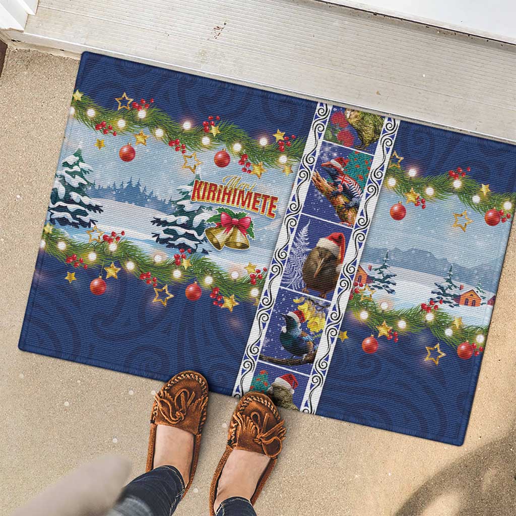 New Zealand Merry Christmas Rubber Doormat Maori Animals, Koru Tattoo - Blue Xmas Style