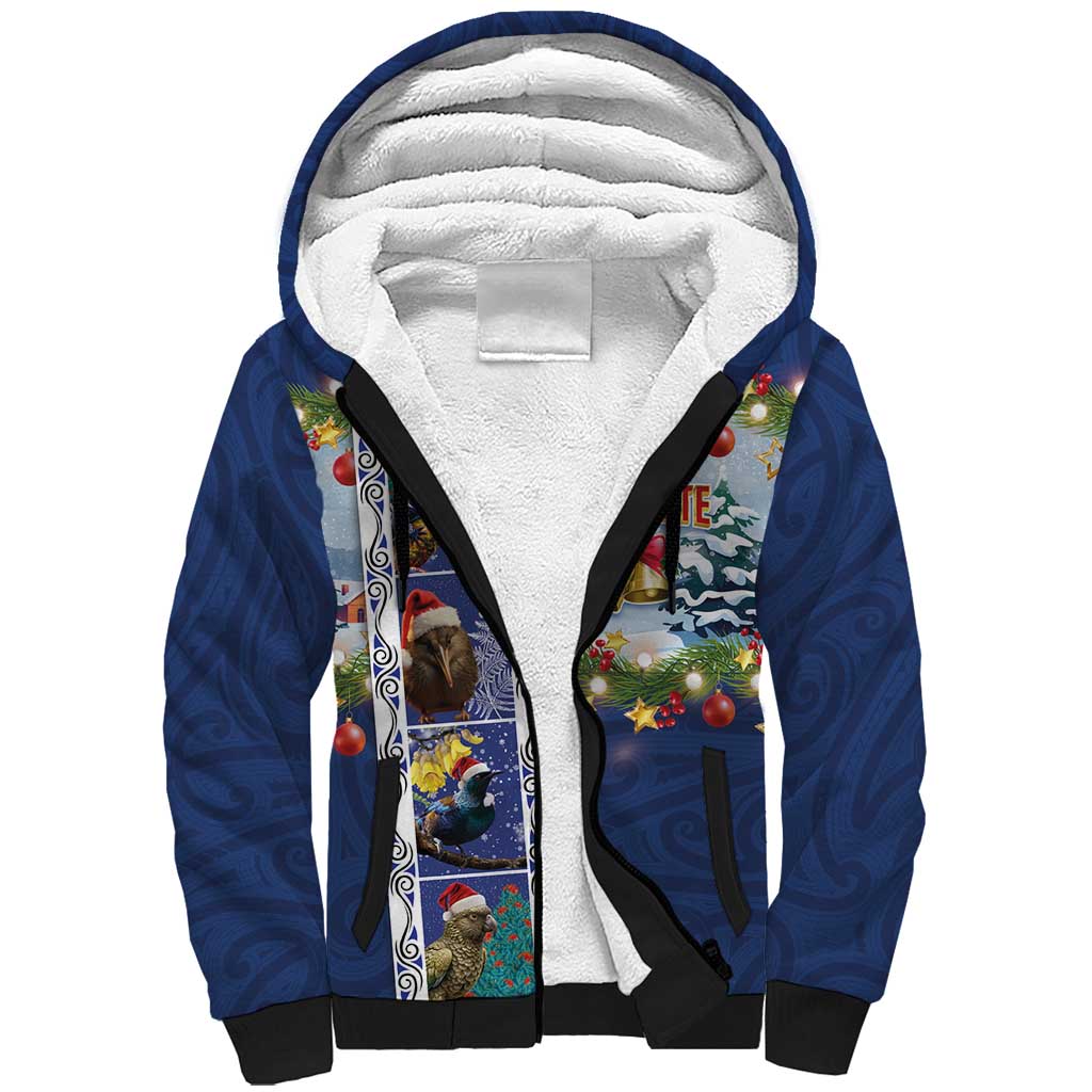 New Zealand Merry Christmas Sherpa Hoodie Maori Animals, Koru Tattoo - Blue Xmas Style