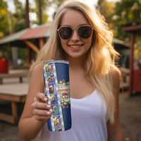 New Zealand Merry Christmas Skinny Tumbler Maori Animals Xmas Style and Koru Tattoo Blue Color