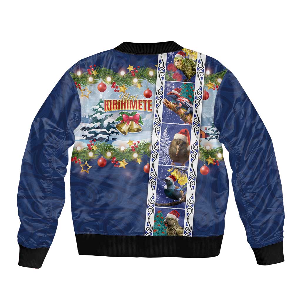 New Zealand Merry Christmas Sleeve Zip Bomber Jacket Maori Animals, Koru Tattoo - Blue Xmas Style