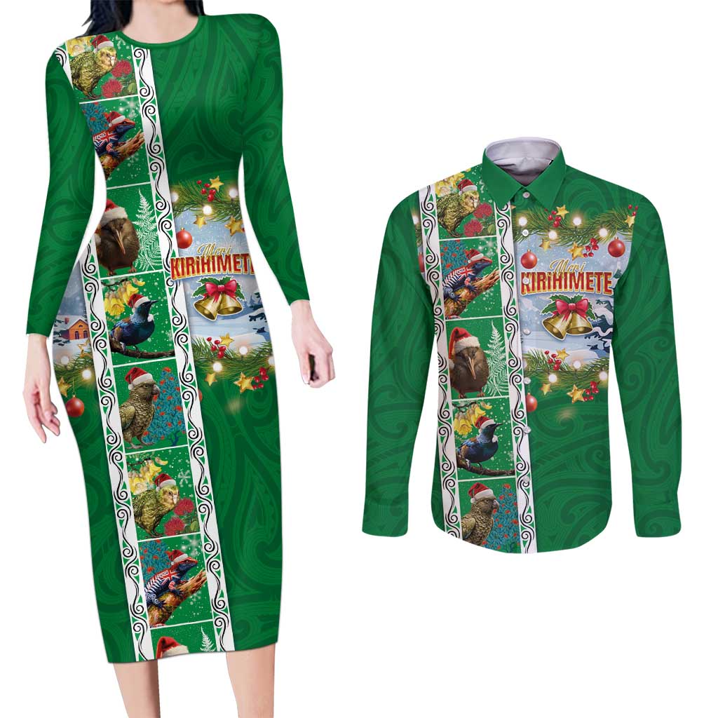 New Zealand Merry Christmas Couples Matching Long Sleeve Bodycon Dress and Long Sleeve Button Shirt Maori Animals, Koru Tattoo - Green Xmas Style