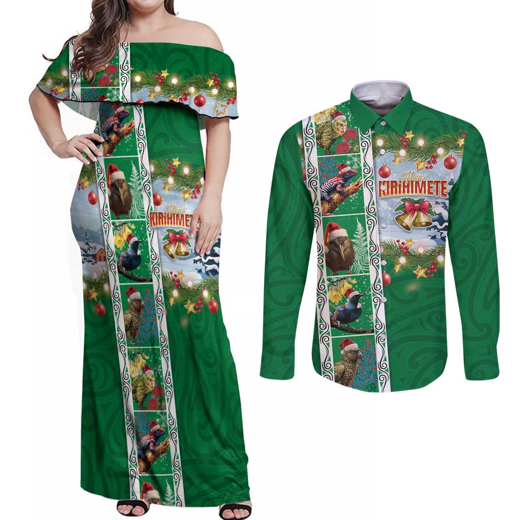 New Zealand Merry Christmas Couples Matching Off Shoulder Maxi Dress and Long Sleeve Button Shirt Maori Animals, Koru Tattoo - Green Xmas Style