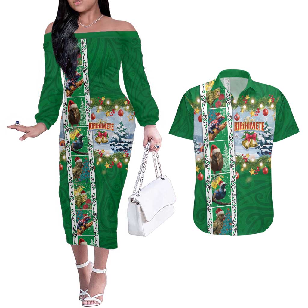 New Zealand Merry Christmas Couples Matching Off The Shoulder Long Sleeve Dress and Hawaiian Shirt Maori Animals, Koru Tattoo - Green Xmas Style