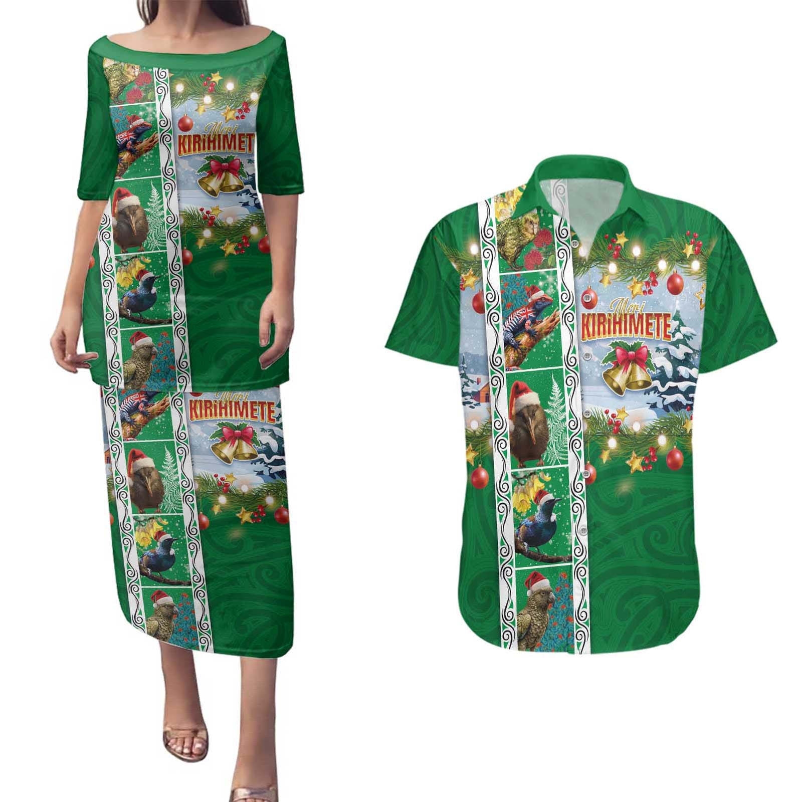 New Zealand Merry Christmas Couples Matching Puletasi and Hawaiian Shirt Maori Animals, Koru Tattoo - Green Xmas Style LT03 Green - Polynesian Pride