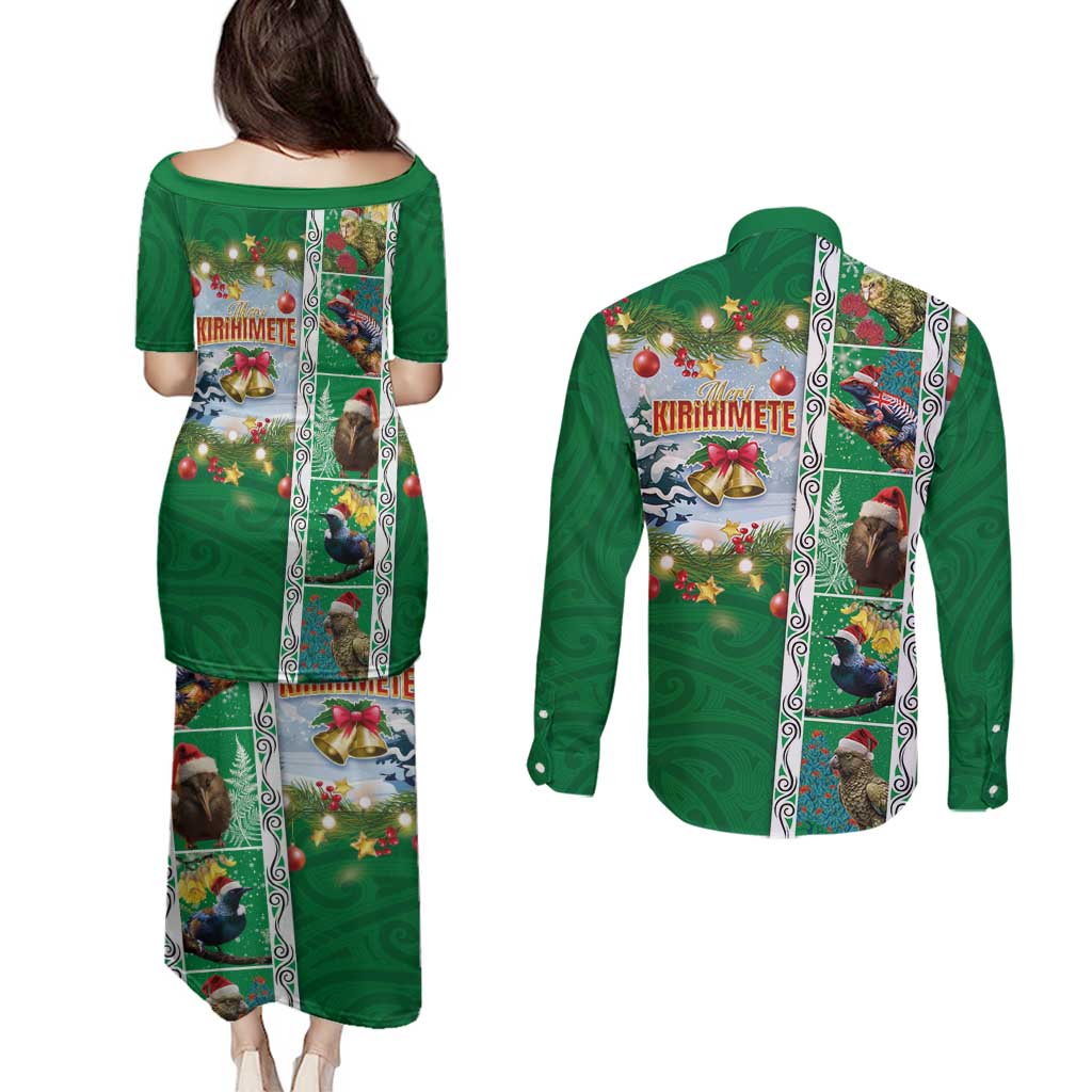 New Zealand Merry Christmas Couples Matching Puletasi and Long Sleeve Button Shirt Maori Animals, Koru Tattoo - Green Xmas Style