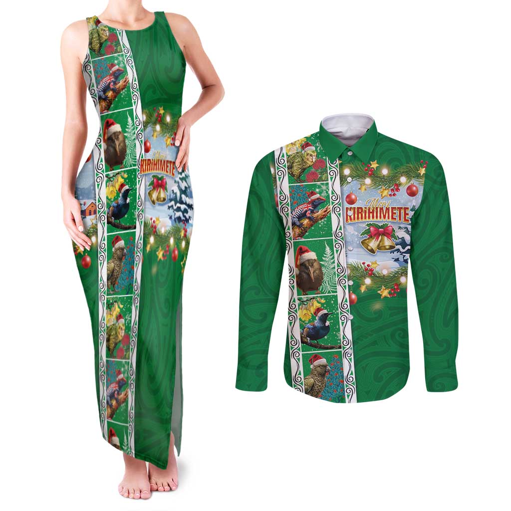 New Zealand Merry Christmas Couples Matching Tank Maxi Dress and Long Sleeve Button Shirt Maori Animals, Koru Tattoo - Green Xmas Style