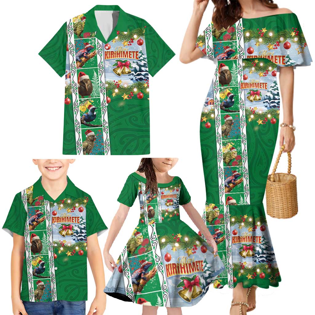 New Zealand Merry Christmas Family Matching Mermaid Dress and Hawaiian Shirt Maori Animals, Koru Tattoo - Green Xmas Style