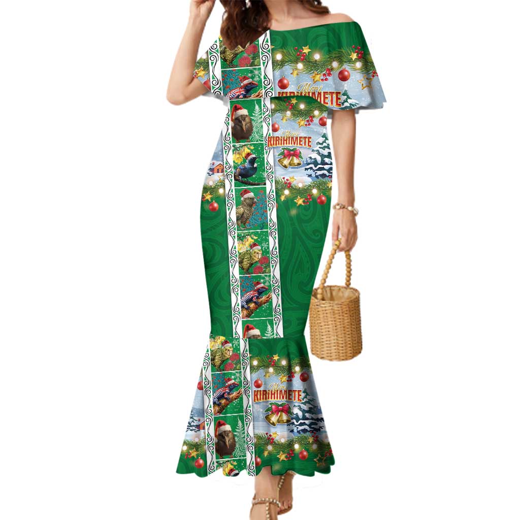 New Zealand Merry Christmas Family Matching Mermaid Dress and Hawaiian Shirt Maori Animals, Koru Tattoo - Green Xmas Style