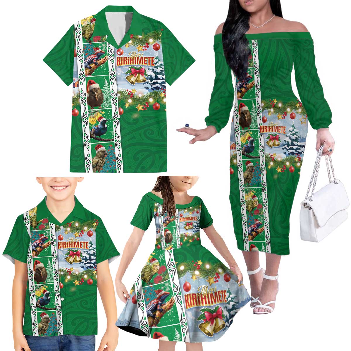 New Zealand Merry Christmas Family Matching Off The Shoulder Long Sleeve Dress and Hawaiian Shirt Maori Animals, Koru Tattoo - Green Xmas Style