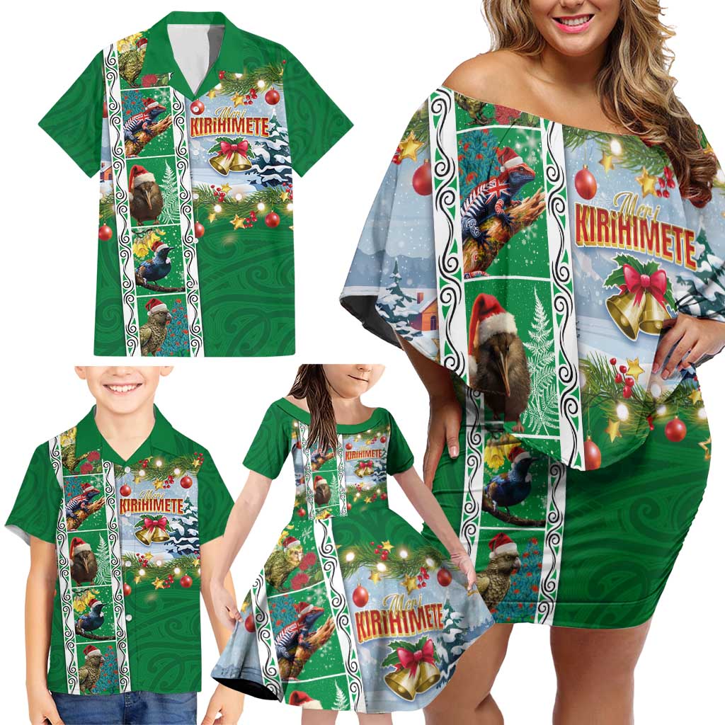 New Zealand Merry Christmas Family Matching Off Shoulder Short Dress and Hawaiian Shirt Maori Animals, Koru Tattoo - Green Xmas Style