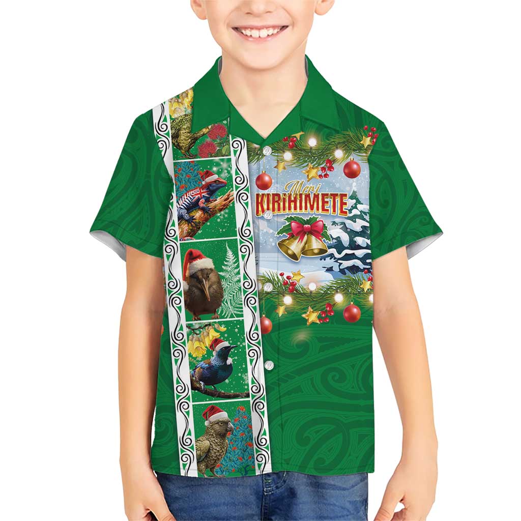 New Zealand Merry Christmas Family Matching Short Sleeve Bodycon Dress and Hawaiian Shirt Maori Animals, Koru Tattoo - Green Xmas Style