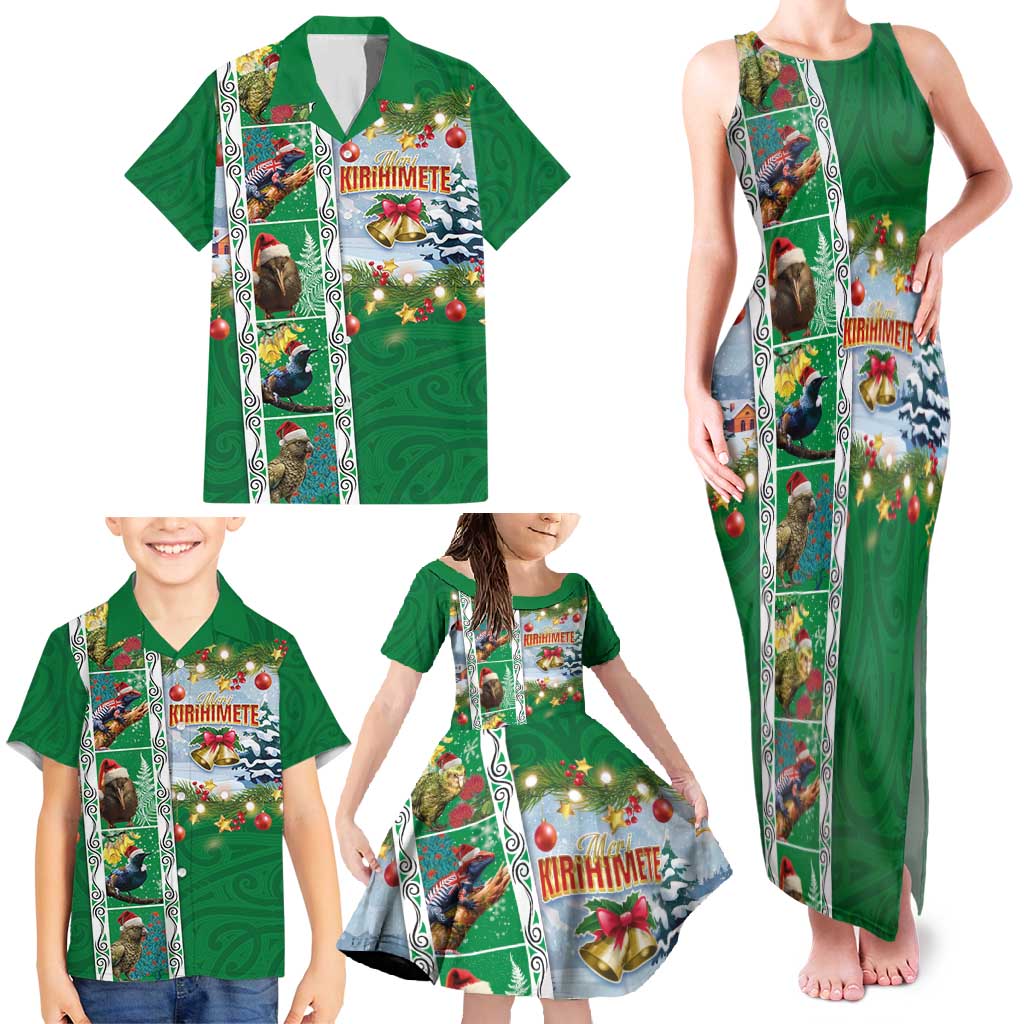 New Zealand Merry Christmas Family Matching Tank Maxi Dress and Hawaiian Shirt Maori Animals, Koru Tattoo - Green Xmas Style