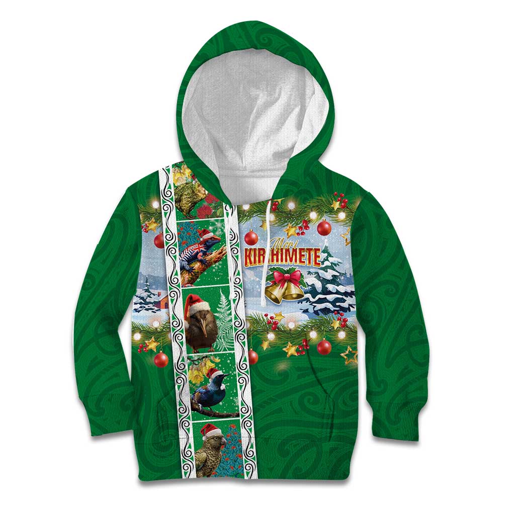 New Zealand Merry Christmas Kid Hoodie Maori Animals, Koru Tattoo - Green Xmas Style